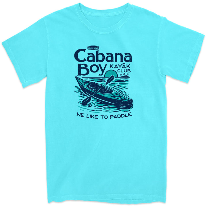 Cabana Boy Kayak Club T-Shirt, Featuring an image of a Kayak with the slogan We Like To Paddle. 