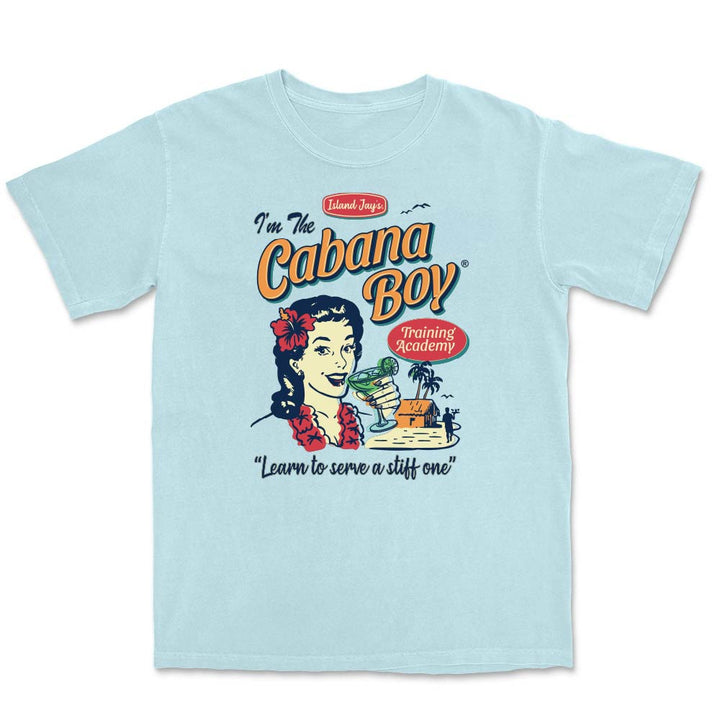 Light Blue t-shirt with 'I'm The Cabana Boy' graphic design featuring a woman with a cocktail.