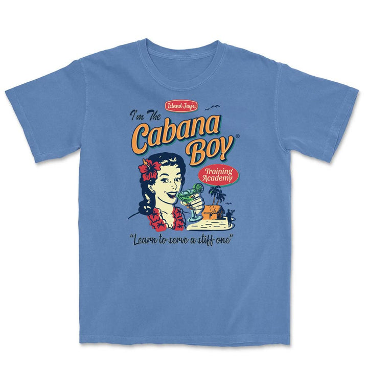 Blue t-shirt with 'I'm The Cabana Boy' graphic design featuring a woman with a cocktail.