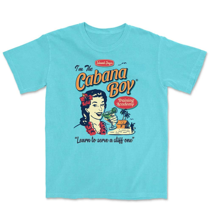 Blue t-shirt with 'I'm The Cabana Boy' graphic design featuring a woman with a cocktail.