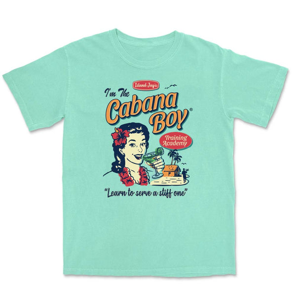 Mint Green t-shirt with 'I'm The Cabana Boy' graphic design featuring a woman with a cocktail.