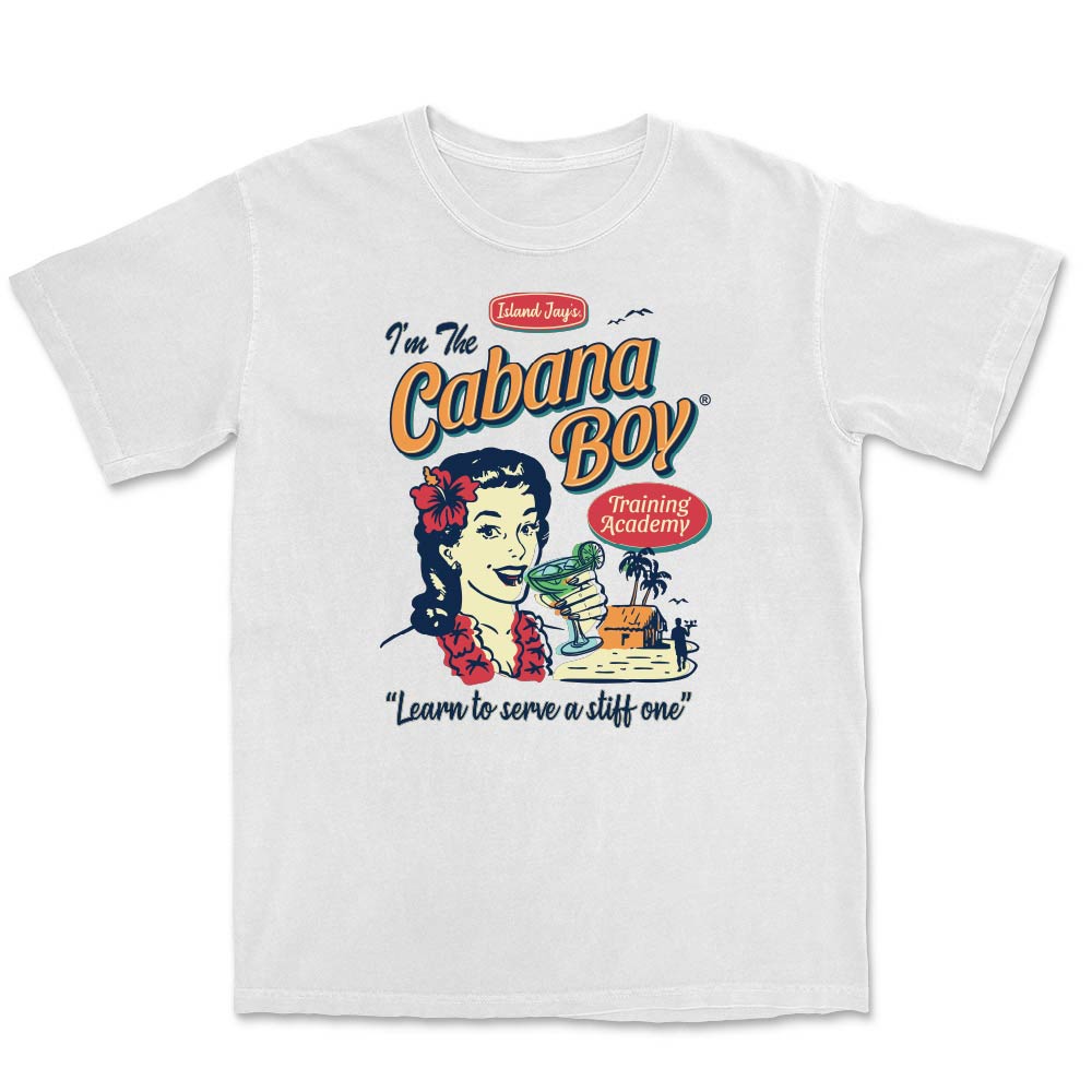 White t-shirt with 'I'm The Cabana Boy' graphic design featuring a woman with a cocktail.