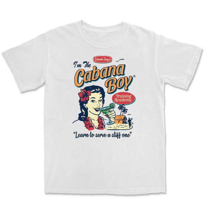 White t-shirt with 'I'm The Cabana Boy' graphic design featuring a woman with a cocktail.