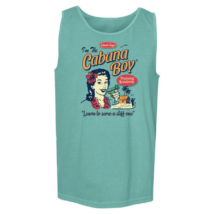 Teal tank top with 'I'm The Cabana Boy' graphic design featuring a woman with a cocktail.