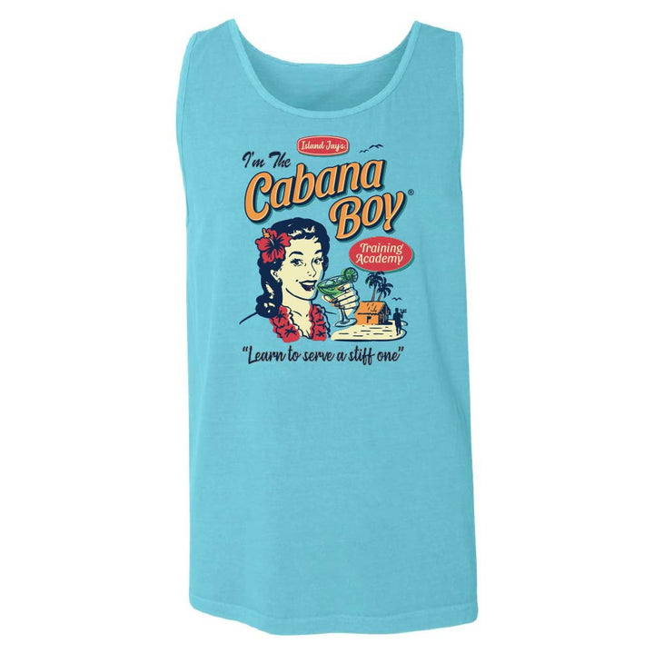 Blue tank top with 'I'm The Cabana Boy' graphic design featuring a woman with a cocktail.