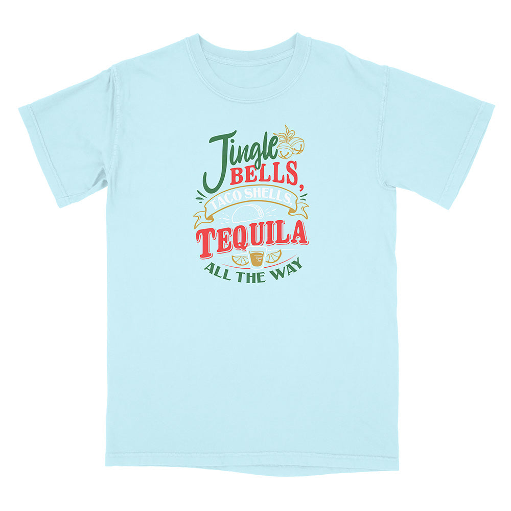 Light blue t-shirt with colorful graphic and text reading "Jingle Bells Taco Shells Tequila All The Way".