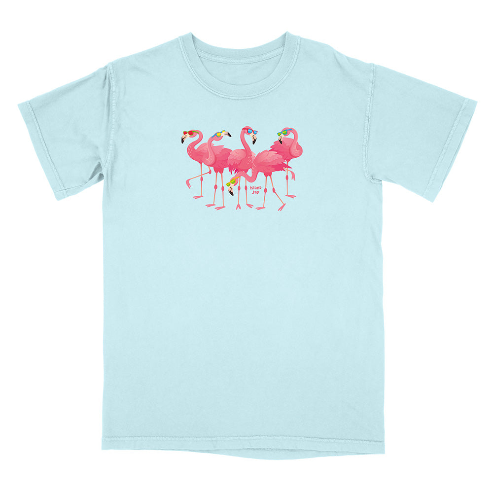 Light blue t-shirt with pink flamingo design on a white background