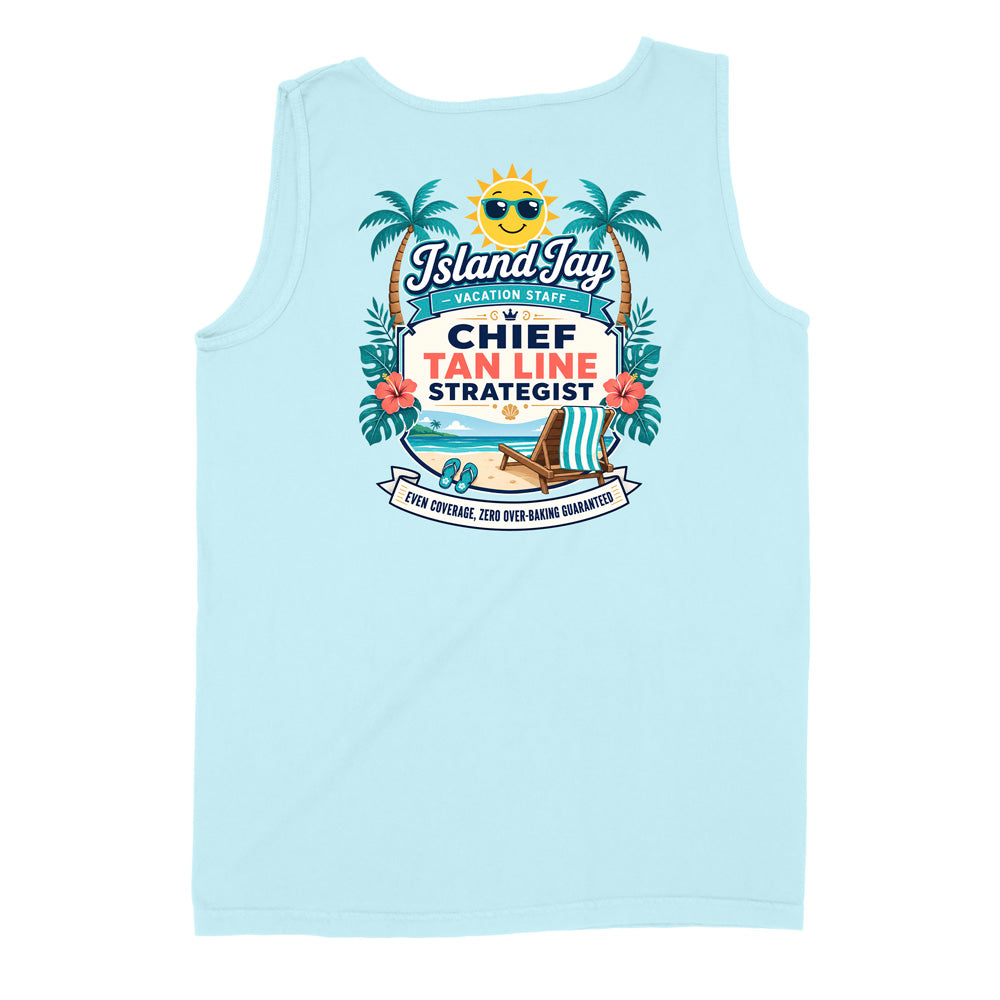 A light blue sleeveless tank top shown from the back, featuring a colorful graphic print with palm trees, a sun, a beach scene, and the text 'Island Jay Vacation Staff' and 'CHIEF TAN LINE STRATEGIST'.