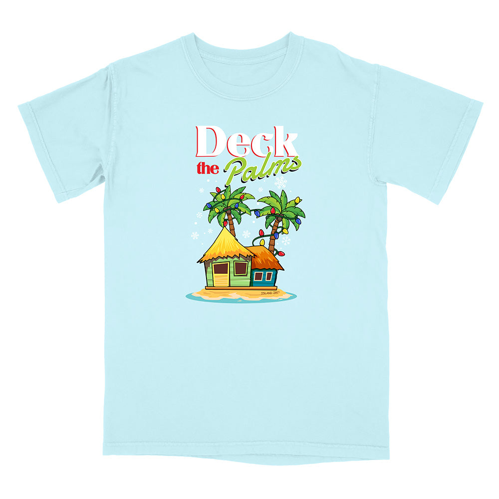 Light Blue t-shirt with a tropical hut and palm tree design with graphic text reading "Deck The Palms" on a white background