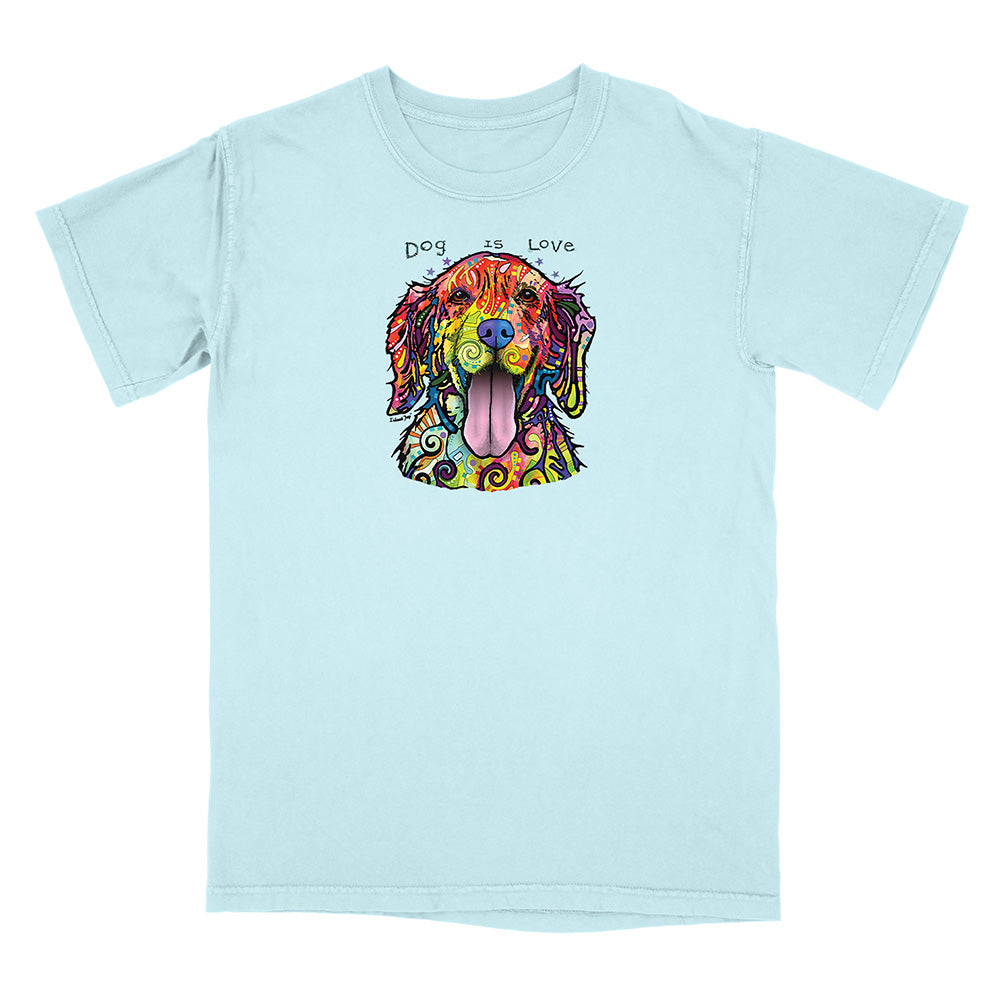 Light blue t-shirt with a colorful dog illustration and 'Dog is Love' text on a white background