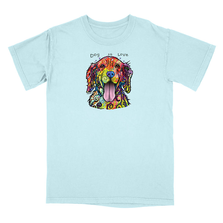 Light blue t-shirt with a colorful dog illustration and 'Dog is Love' text on a white background