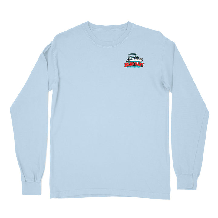 A light blue long-sleeve crewneck t-shirt with a small graphic of a sailboat and the text 'SAILOR' on the left chest, displayed on a solid white background.