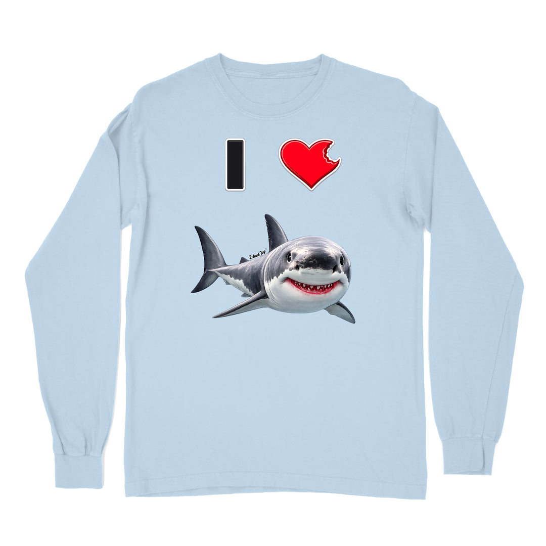 A light blue long sleeve shirt with the phrase "I love shark" written with a heart icon graphic for the "love" and a cute shark graphic for the "Shark".