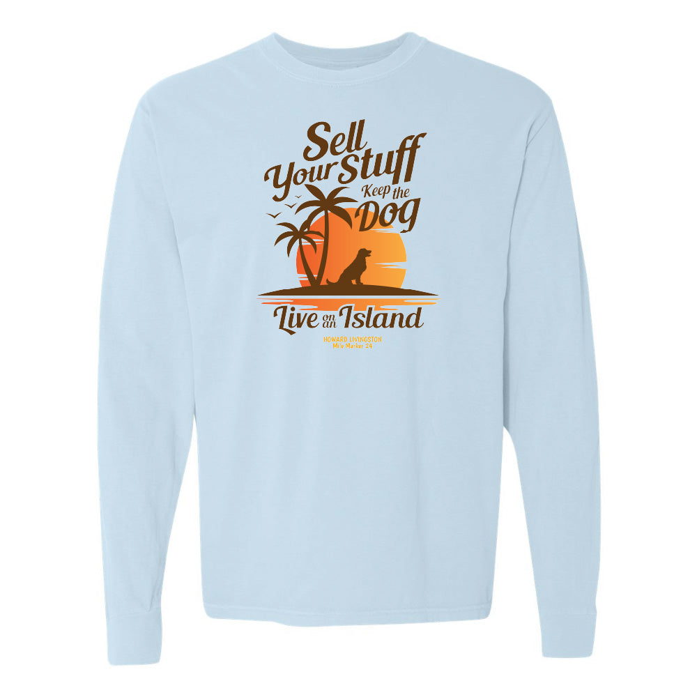 Light blue sweatshirt with a graphic design and text on a white background