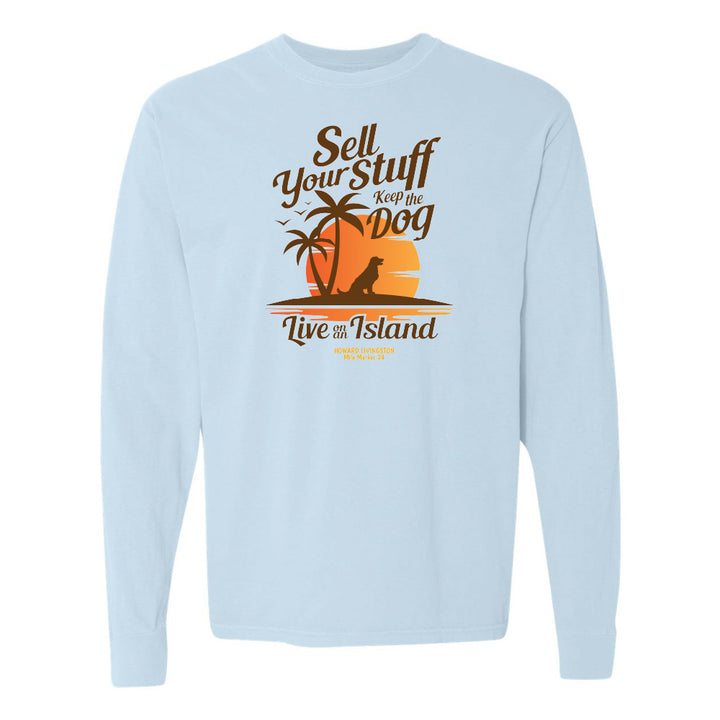 Light blue sweatshirt with a graphic design and text on a white background