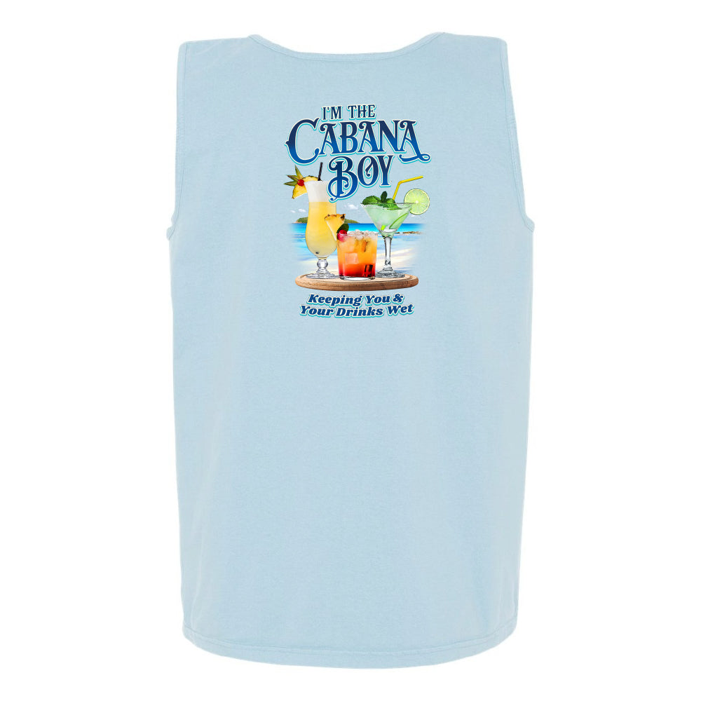 A light blue sleeveless tank top with a colorful graphic on the chest that reads 'I'M THE CABANA BOY' and 'Keeping You & Your Drinks Wet' with cocktail illustrations, shown on a plain white background.