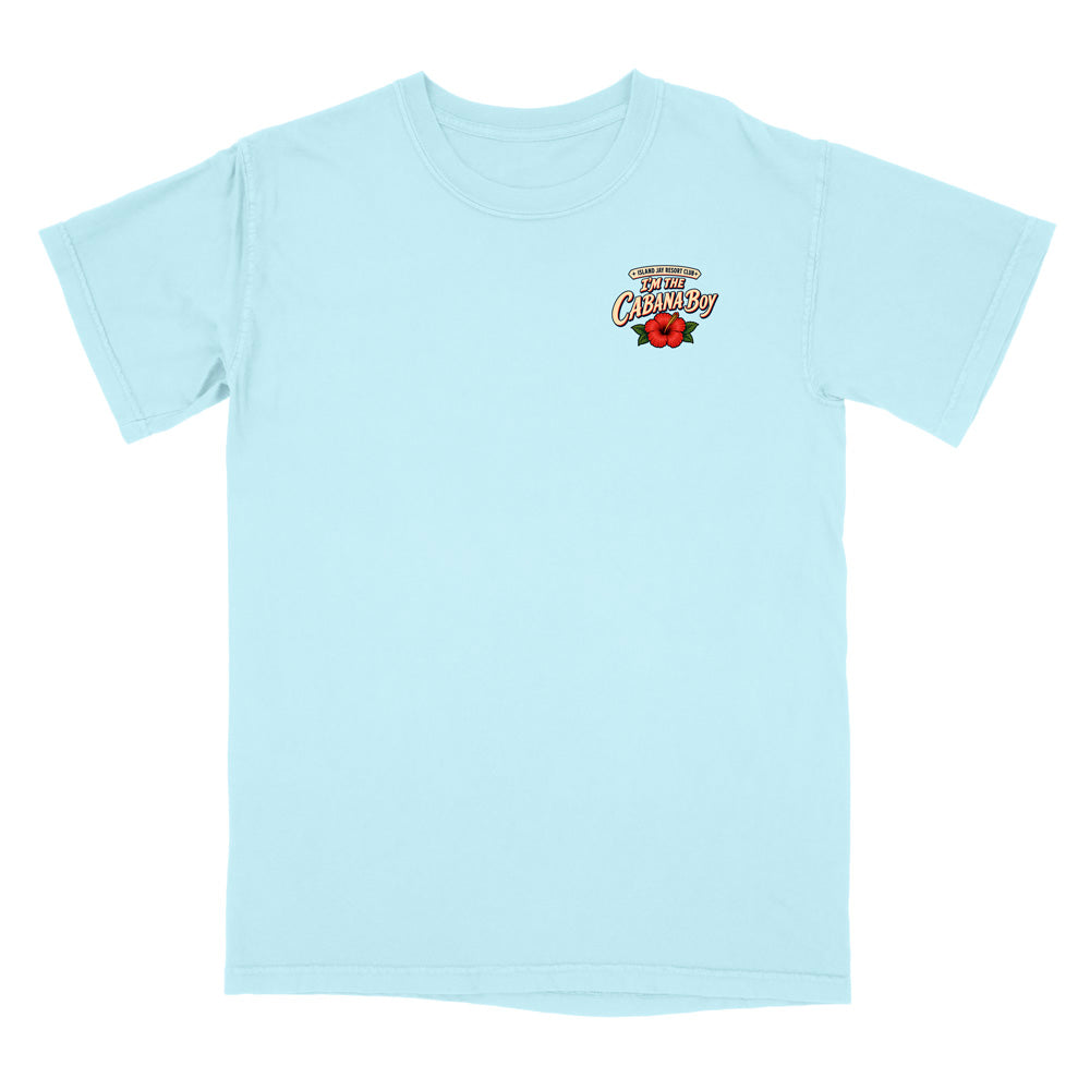 A light blue short-sleeve crewneck t-shirt with a small graphic on the left chest featuring the text 'BEST CREATION' in a retro font above a red rose, displayed on a solid white background.