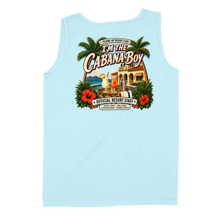 A light blue sleeveless tank top shown flat against a white background, featuring a large retro-style tropical graphic on the front with palm trees, hibiscus flowers, cocktails, a resort building, and the text 'I'm The Cabana-Boy' and 'Official Resort Staff'.