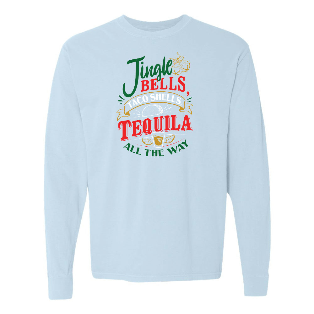 Light blue sweatshirt with festive text design on a white background