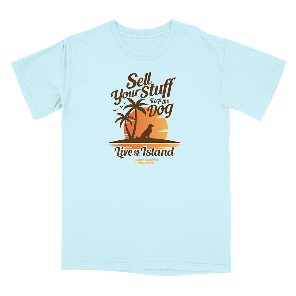 Light blue t-shirt with a tropical graphic and text on a white background