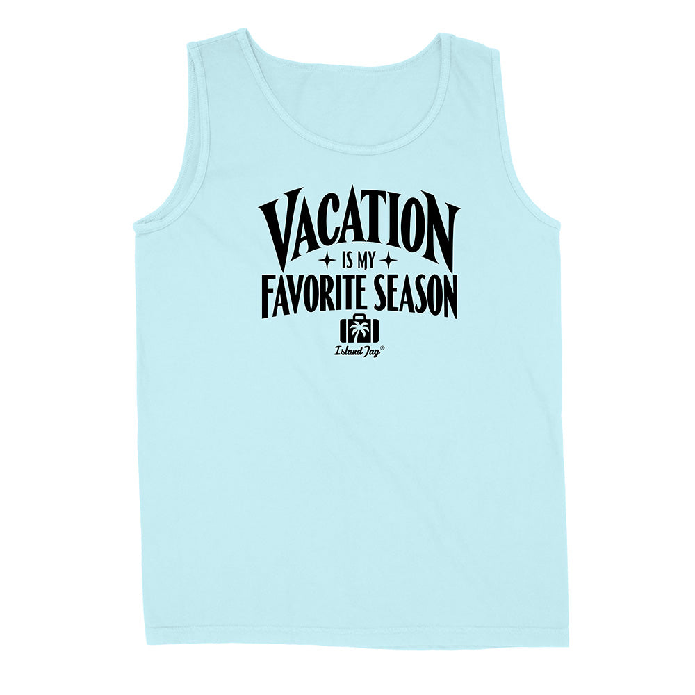 A chambray blue sleeveless tank top with a black graphic print on the front that reads 'VACATION IS MY FAVORITE SEASON' 