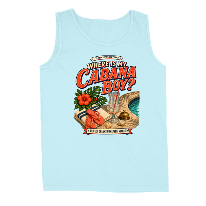 A light blue sleeveless tank top with a retro-style graphic on the front that reads 'WHERE IS MY CABANA BOY?' in large red letters, with tropical illustrations including hibiscus flowers, a drink, a towel, and a poolside scene.