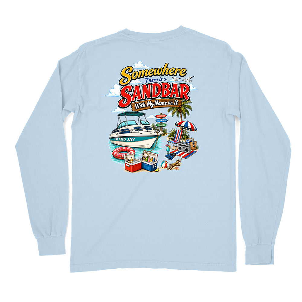 A light blue long-sleeve t-shirt shown from the back, featuring a colorful graphic print of a speedboat, beach umbrella, and the text 'Somewhere From Out Sandbar With My Name on It'.