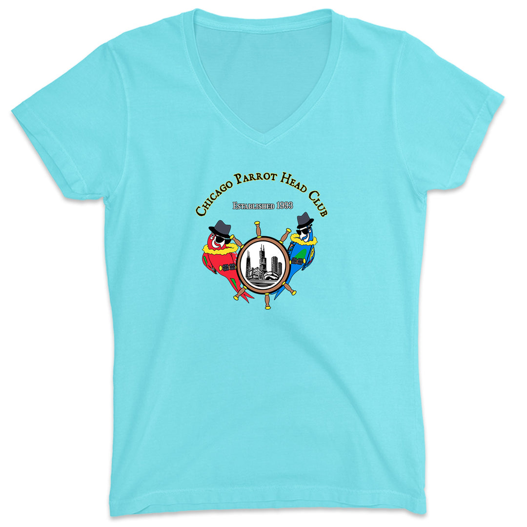 Women's Chicago Parrot Head Club Jake & Elwood V-Neck T-Shirt Aqua