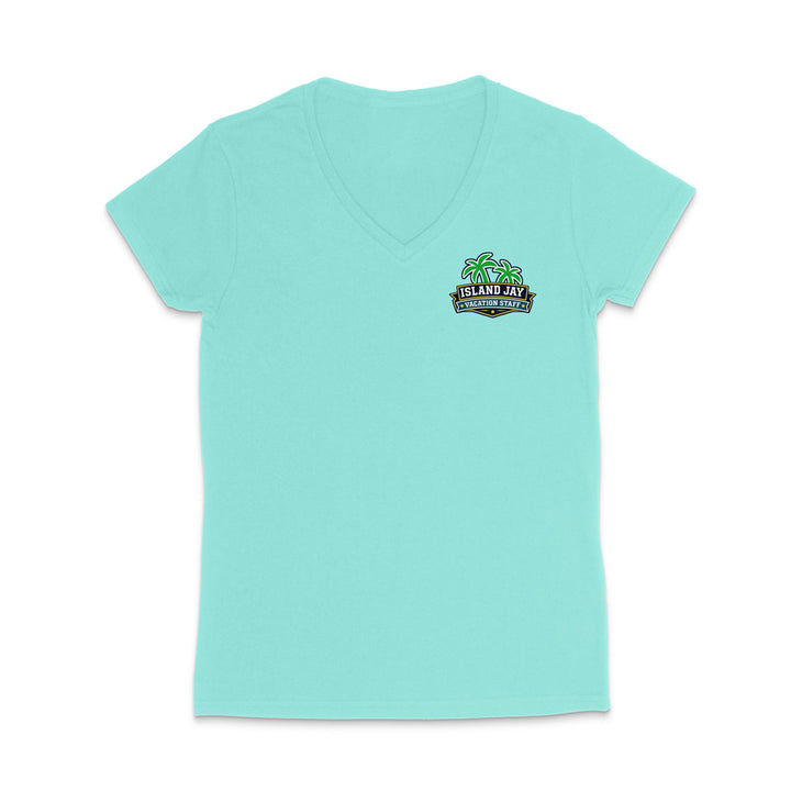 A mint women's short-sleeve V-neck t-shirt with a small colorful graphic on the left chest featuring palm trees and the text 'Island Jay Vacation Staff'.