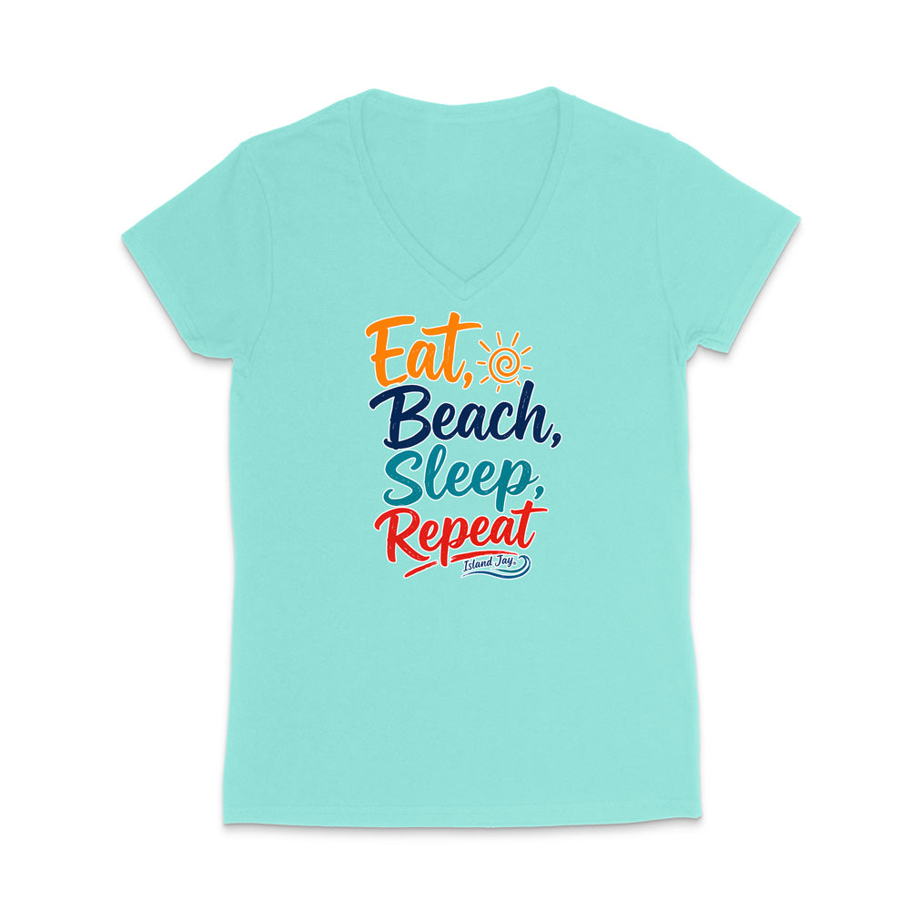 A light aqua V-neck t-shirt with a colorful graphic text print reading 'Eat, Beach, Sleep, Repeat' on the front, displayed against a solid white background.