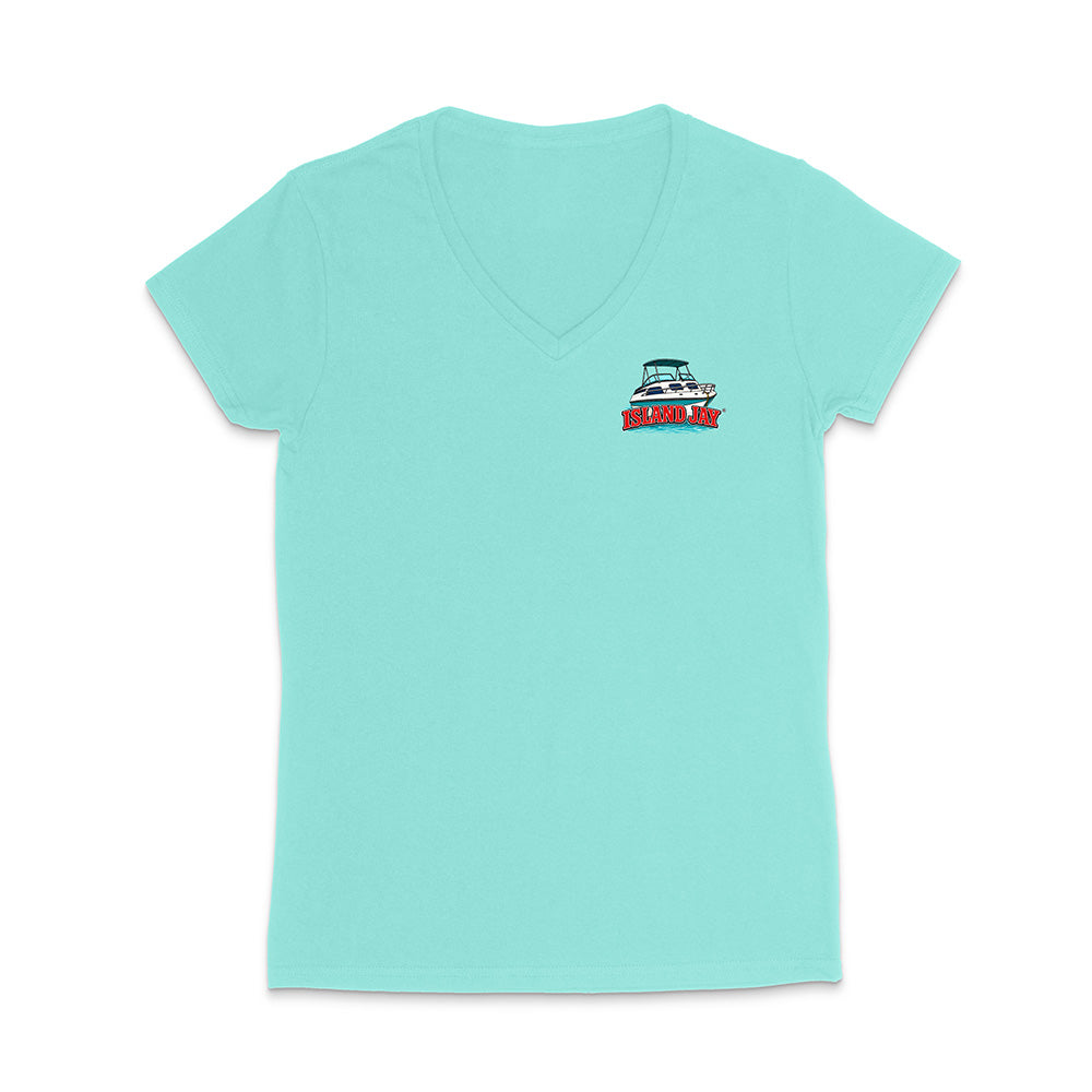 A women's short-sleeve V-neck t-shirt in a light turquoise/mint color, featuring a small colorful graphic on the left chest, displayed against a solid white background.