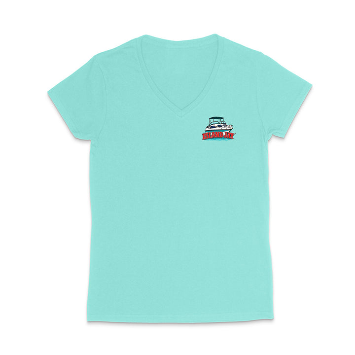 A women's short-sleeve V-neck t-shirt in a light turquoise/mint color, featuring a small colorful graphic on the left chest, displayed against a solid white background.