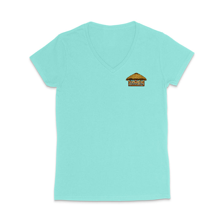 A light turquoise V-neck t-shirt with a small graphic of a thatched-roof hut on the left chest, displayed on a clean white background.
