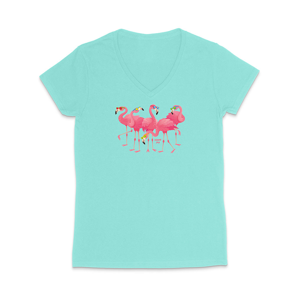 Mint green t-shirt with pink flamingo design on a white background