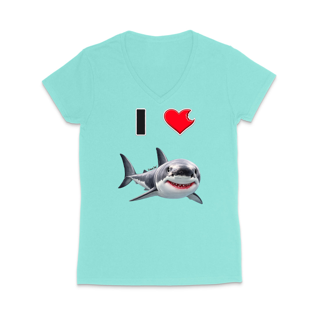 A light aqua V-neck t-shirt featuring a graphic print of a cartoon shark and the text 'I' followed by a red heart, displayed on a clean white background.
