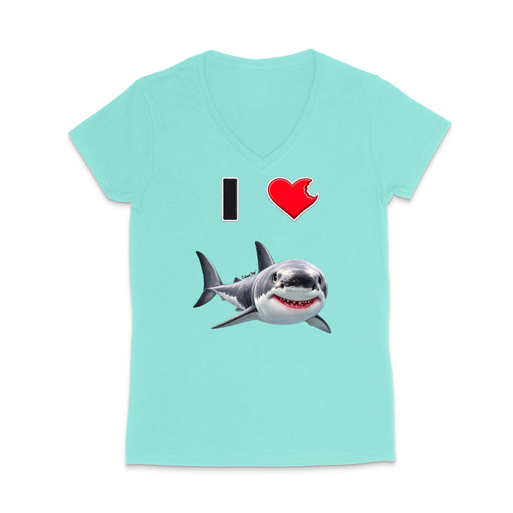A light aqua V-neck t-shirt featuring a graphic print of a cartoon shark and the text 'I' followed by a red heart, displayed on a clean white background.