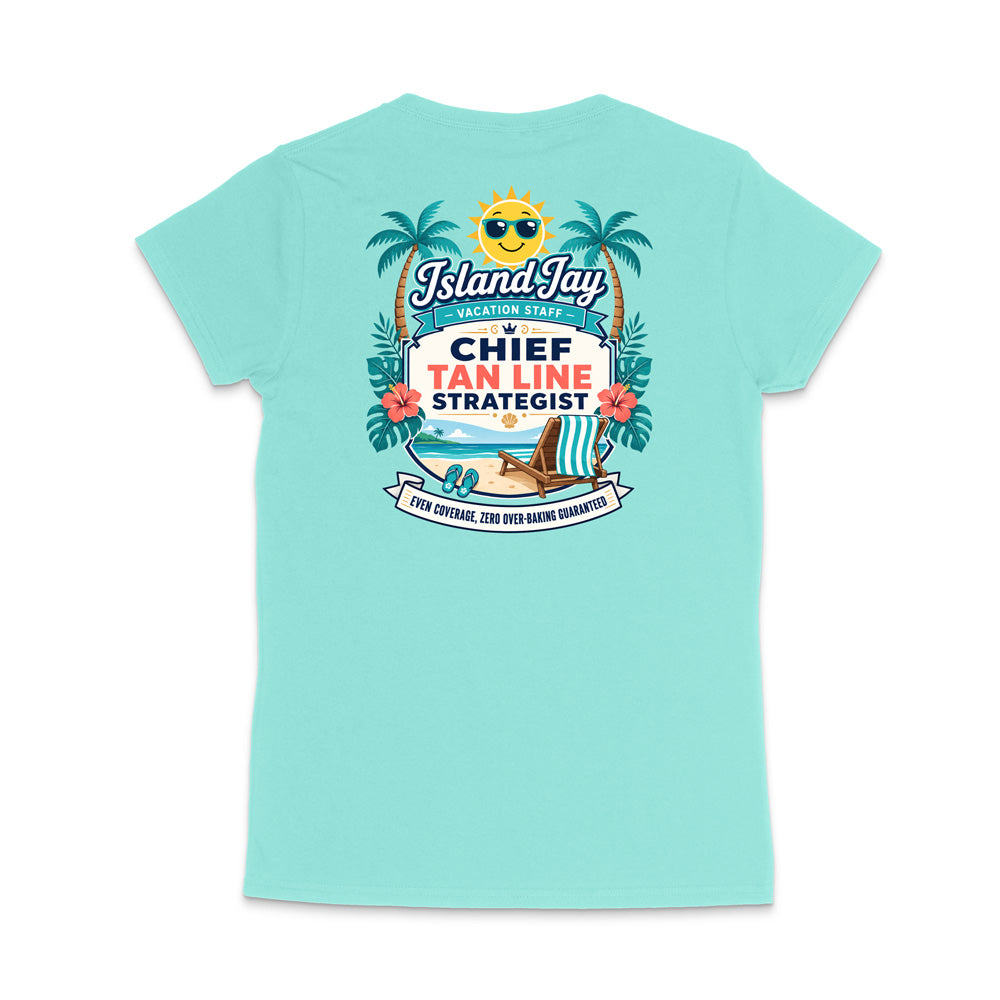 A light aqua short-sleeve t-shirt shown from the back, featuring a large colorful graphic print with palm trees, a smiling sun wearing sunglasses, and the text 'Island Jay' and 'Chief Tan Line Strategist'.
