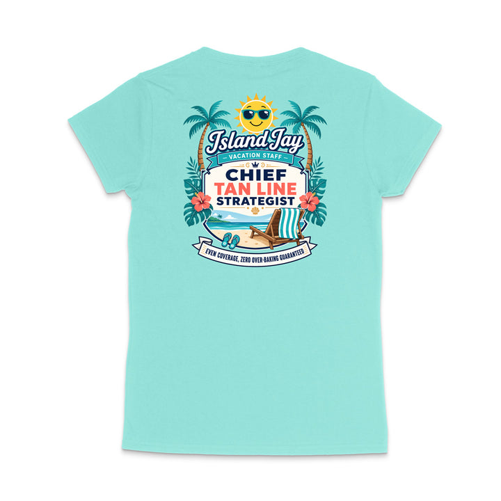 A light aqua short-sleeve t-shirt shown from the back, featuring a large colorful graphic print with palm trees, a smiling sun wearing sunglasses, and the text 'Island Jay' and 'Chief Tan Line Strategist'.