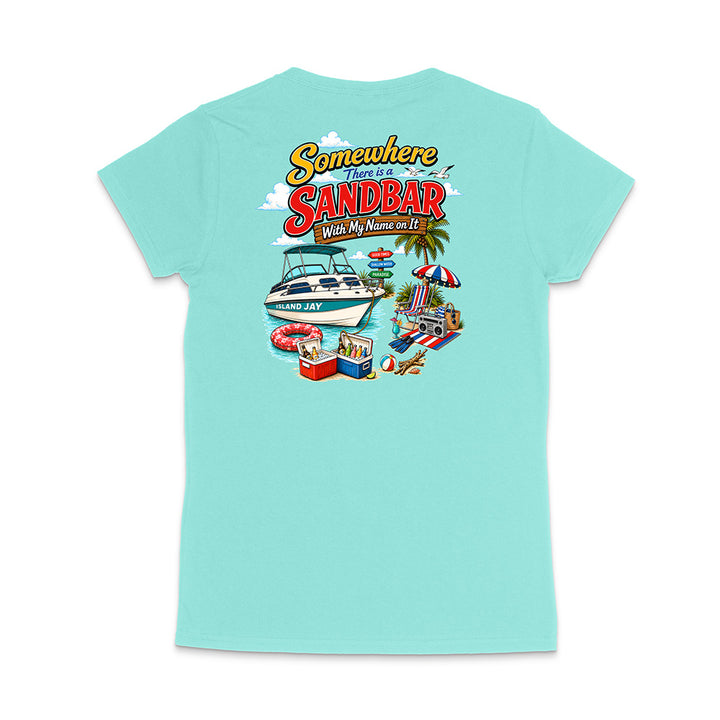 A light aqua blue short-sleeve t-shirt shown from the back, featuring a colorful graphic print with the text 'Somewhere There Is A Sandbar With My Name on It' and a beach scene illustration.