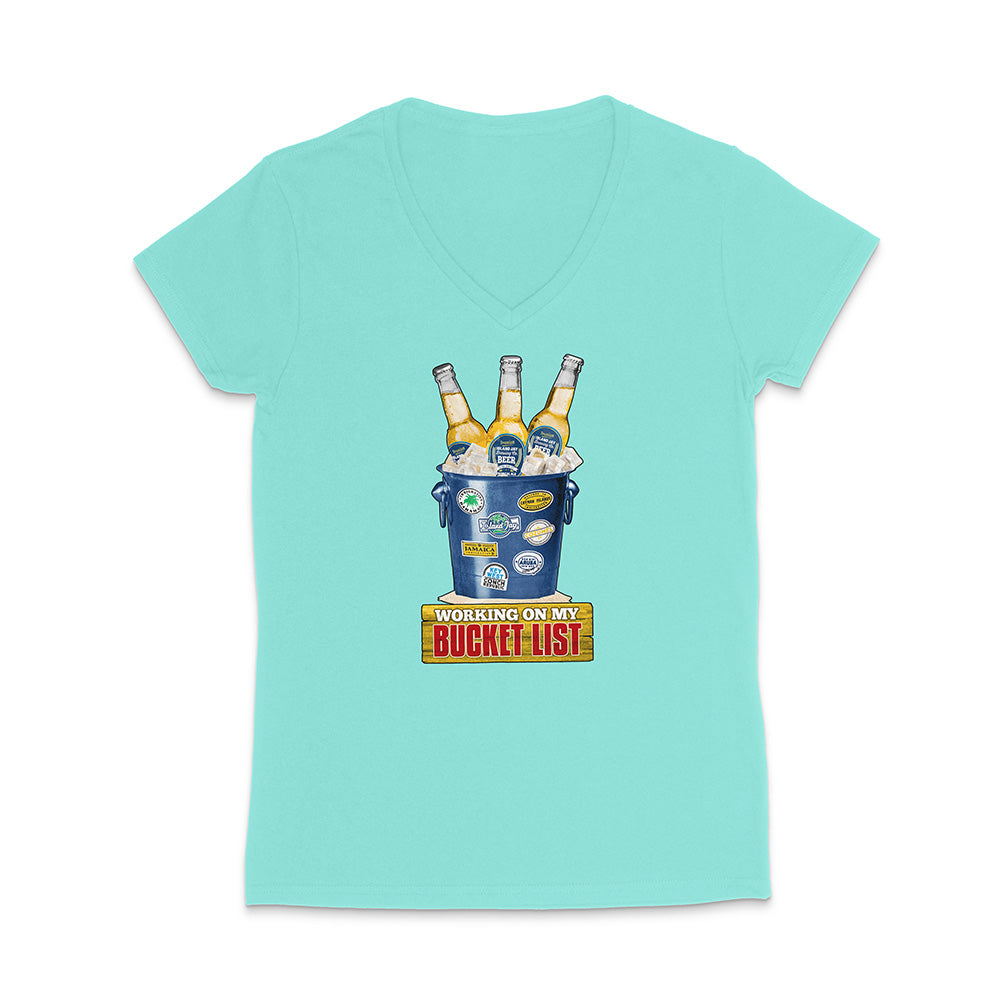 Mint green t-shirt with a graphic of a beer bucket with graphic text reading 'Working on my Bucket List' on a white background.