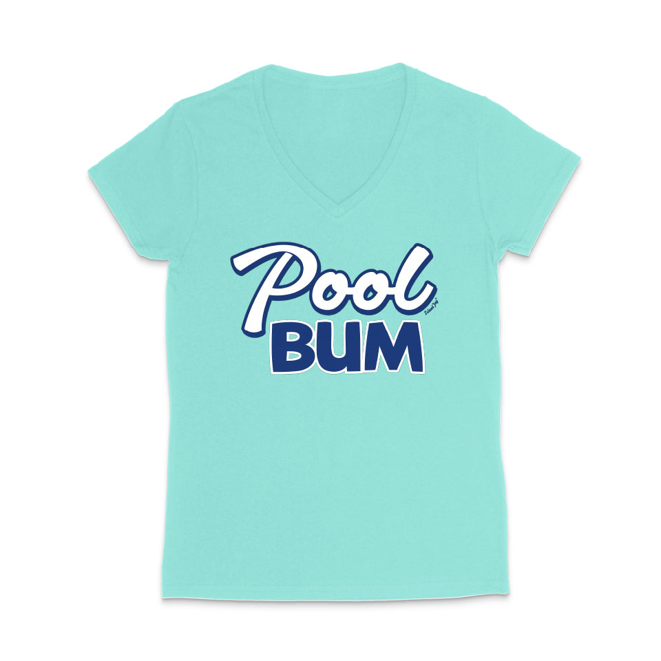 Mint green t-shirt with 'Pool Bum' text on a white background