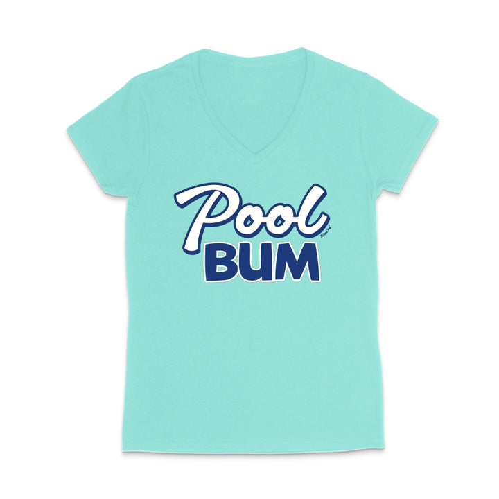 Mint green t-shirt with 'Pool Bum' text on a white background