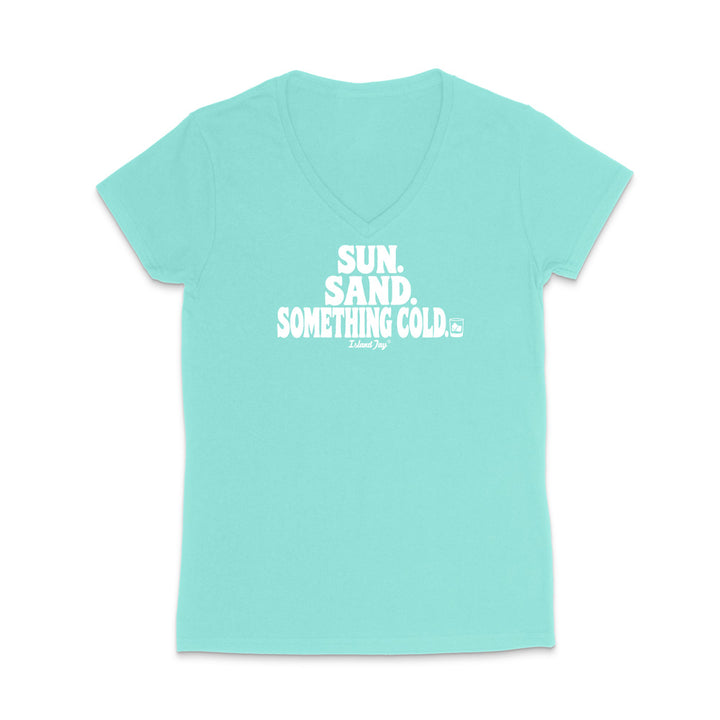 An aqua women's V-neck t-shirt with a white graphic text print reading 'SUN. SAND. Something cold