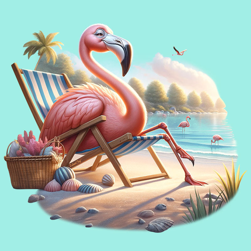 Pink Leisure Flamingo. This Flamingo t-shirt design shows this bird is relaxed by the water and enjoying their retirement.  She is collecting shells and watching her grand kid flamingos play in the water.