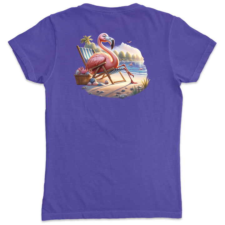 Women's Pink Leisure Flamingo V-Neck T-Shirt Purple