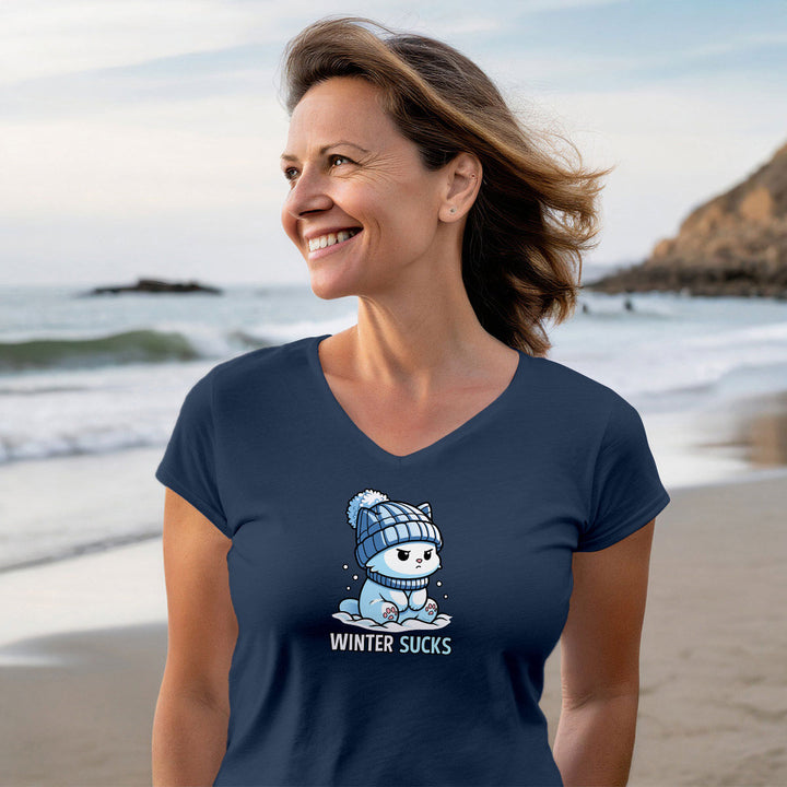 A model women at a beach wearing a v-neck tee shirt of Chilly Kitty