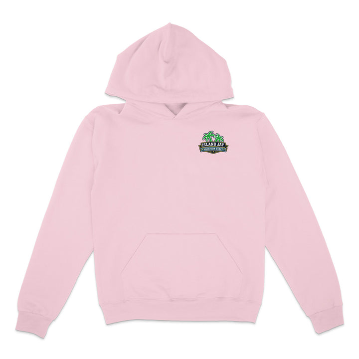 A light pink pullover hoodie with a small green and black 'Star Jay' graphic on the left chest, displayed on a clean white background.