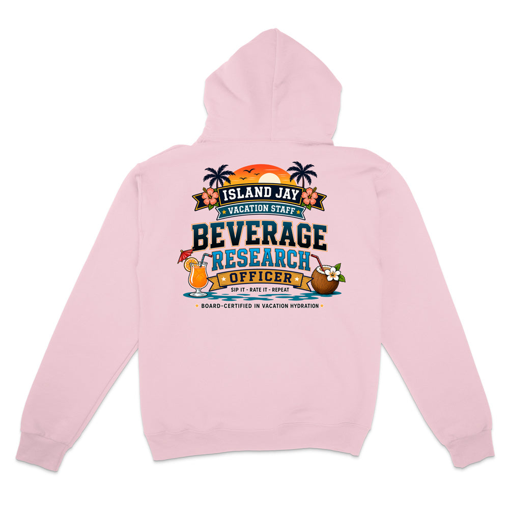 A light pink hooded sweatshirt shown from the back, featuring a colorful graphic print with palm trees, a sunset, and tropical drink illustrations above the text 'ISLAND JAY BEVERAGE RESEARCH OFFICER'.