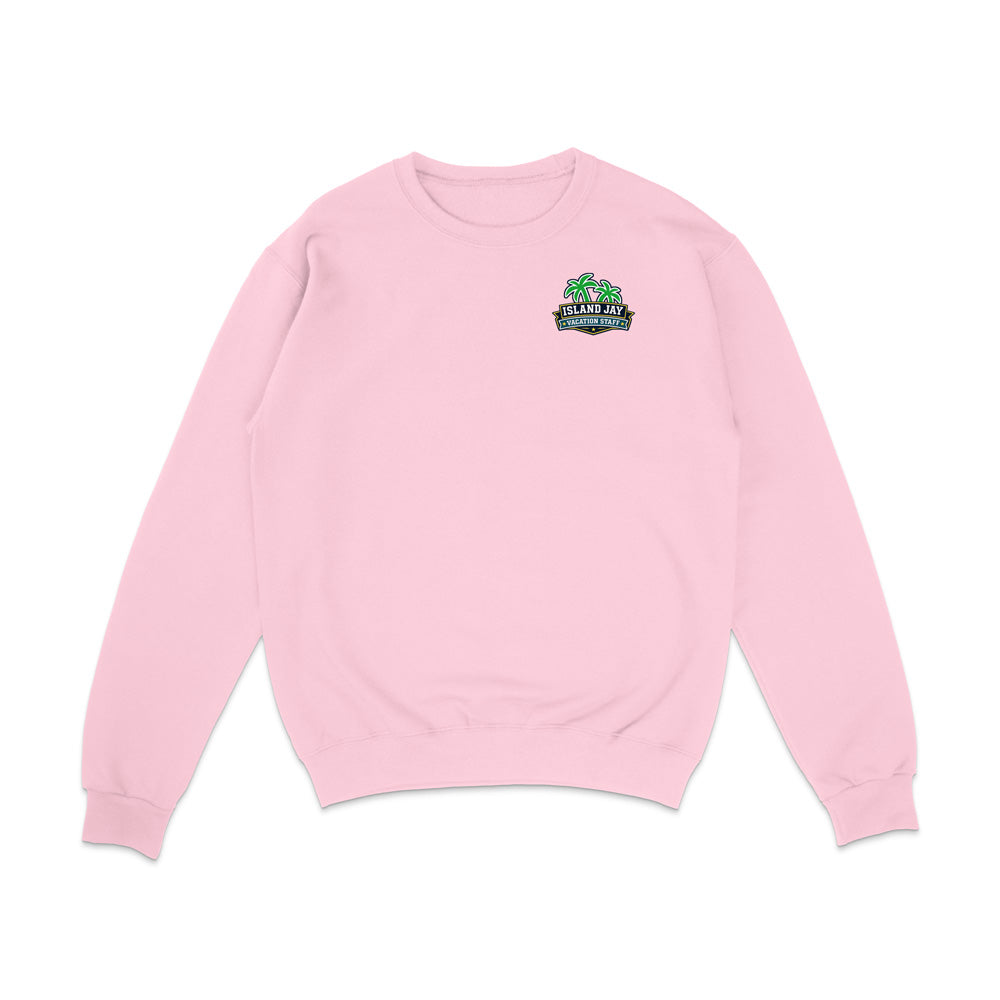 A light pink crewneck sweatshirt with a small graphic on the left chest featuring green palm trees and the text 'Palm Beach FL'.