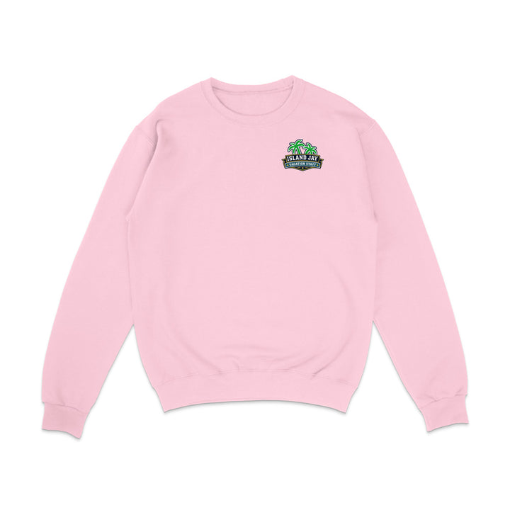 A light pink crewneck sweatshirt with a small graphic on the left chest featuring green palm trees and the text 'Palm Beach FL'.